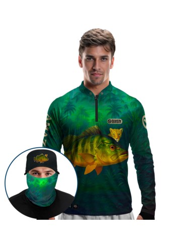Supercombo de Pesca Tucunaré Amazon Dryfit com camisa punholuva Dry UV50+, Máscara e Boné