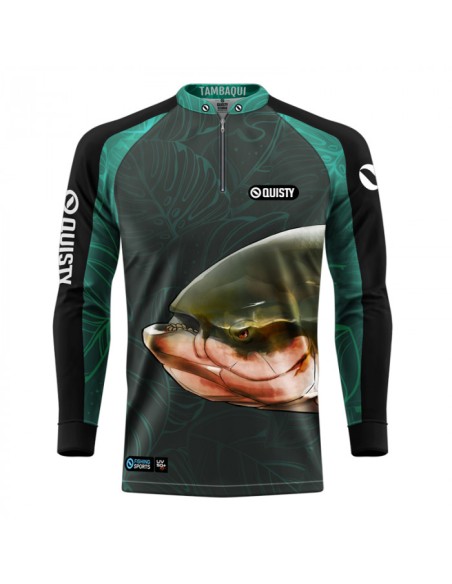 Camisa de Pesca Tambaqui Azul vista frontal Dryfit com proteção UV50+ e punho luva