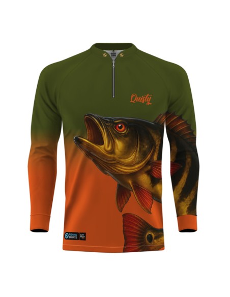 Camisa de Pesca Tucunaré Açu O Soberano das Águas Selvagem vista frontal Dryfit com proteção UV50+ e punho luva