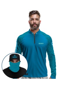 Supercombo de Pesca Black Bass Kid Ocelos Blue Dryfit com camisa punholuva Dry UV50+, Máscara e Boné