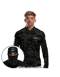 Supercombo de Pesca Army Black Dryfit com camisa punholuva Dry UV50+, Máscara e Boné