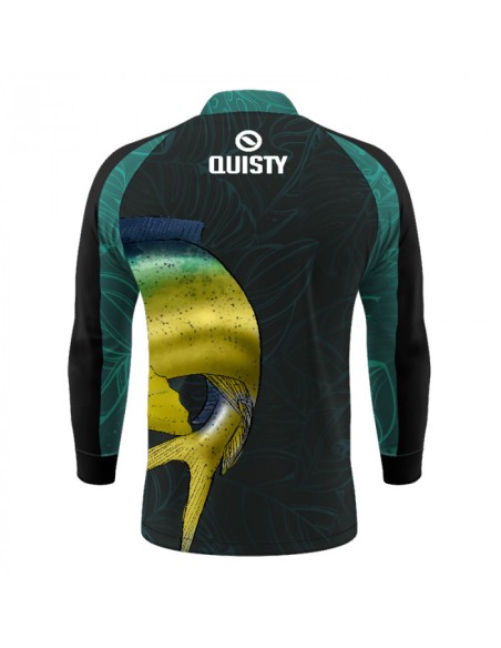 Camisa de Pesca Dourado do Mar Azul vista traseira Dryfit com proteção UV50+ e punho luva