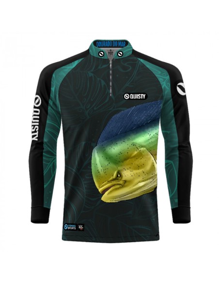 Supercombo de Pesca Dourado do Mar Azul vista frontal Dryfit com camisa punholuva Dry UV50+, Máscara e Boné