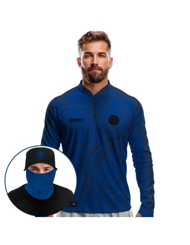 Supercombo de Pesca Anzol Blue Dryfit com camisa punholuva Dry UV50+, Máscara e Boné