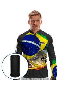 Combo de Pesca Tucunaré Orgulho Brasileiro Dryfit com camisa punholuva Dry UV50+ e Máscara
