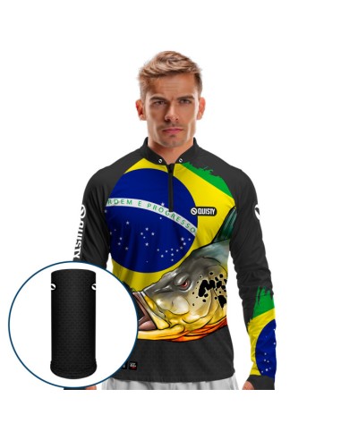 Combo de Pesca Tucunaré Orgulho Brasileiro Dryfit com camisa punholuva Dry UV50+ e Máscara