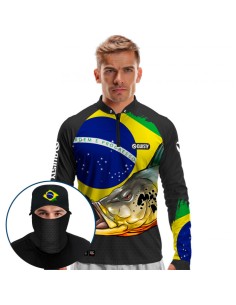 Supercombo de Pesca Tucunaré Orgulho Brasileiro Dryfit com camisa punholuva Dry UV50+, Máscara e Boné