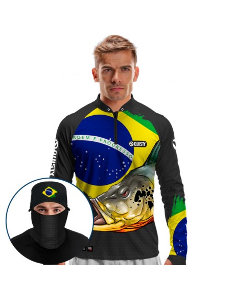 Supercombo de Pesca Tucunaré Orgulho Brasileiro Dryfit com camisa punholuva Dry UV50+, Máscara e Boné