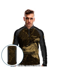 Combo de Pesca Pesca Tucunaré Azul Gold Dryfit com camisa punholuva Dry UV50+ e Máscara