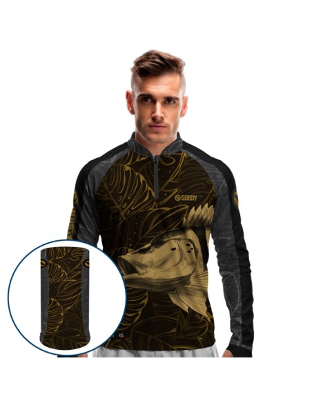 Combo de Pesca Pesca Tucunaré Azul Gold Dryfit com camisa punholuva Dry UV50+ e Máscara