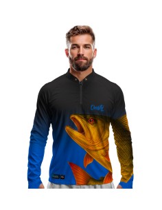 Camisa de Pesca Dourado do Rio Fúria Dourada Oceano Dryfit com proteção UV50+ e punho luva