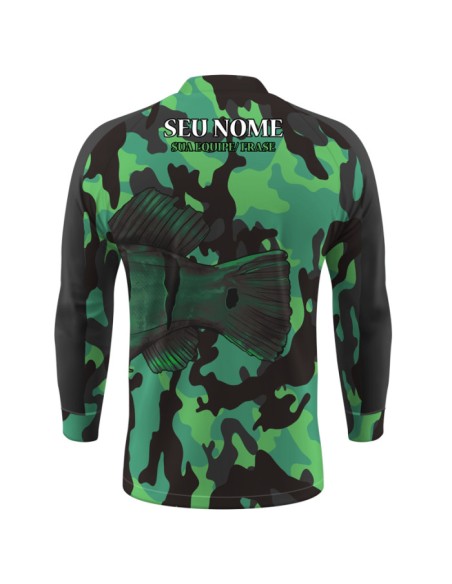 Combo de Pesca Tucunaré Pantanal Green vista traseira Dryfit com camisa punholuva Dry UV50+ e Máscara
