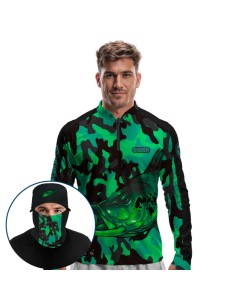Supercombo de Pesca Tucunaré Pantanal Green Dryfit com camisa punholuva Dry UV50+, Máscara e Boné
