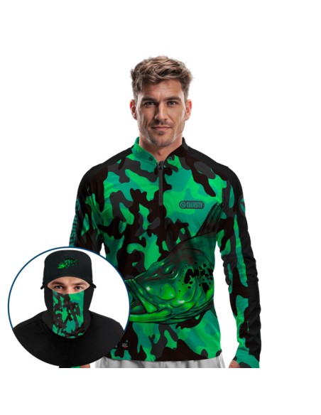Supercombo de Pesca Tucunaré Pantanal Green Dryfit com camisa punholuva Dry UV50+, Máscara e Boné
