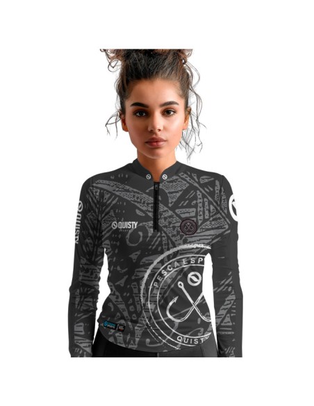 Modelo feminina vestindo Camisa de Pesca Anzol Black Dryfit com proteção UV50+ e punho luva
