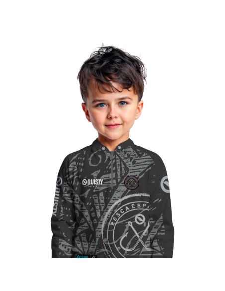 Modelo infantil vestindo Combo de Pesca Anzol Black Dryfit com camisa punholuva Dry UV50+ e Máscara