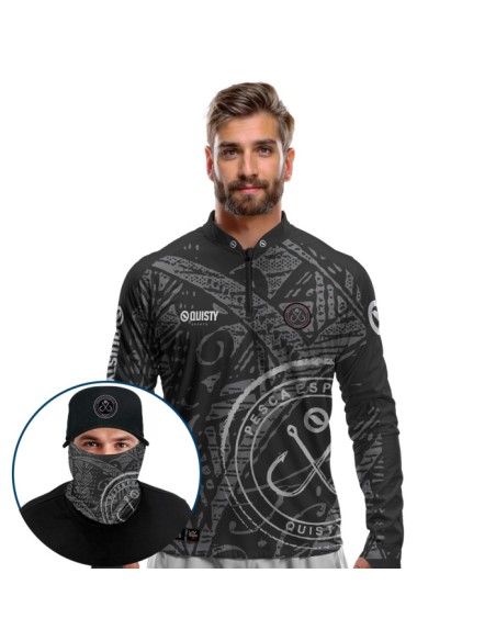 Supercombo de Pesca Anzol Black Dryfit com camisa punholuva Dry UV50+, Máscara e Boné