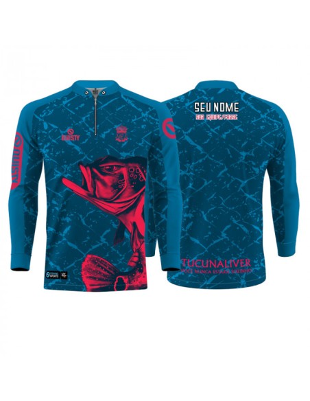 Supercombo de Pesca Tucunaliver frente e costas Dryfit com camisa punholuva Dry UV50+, Máscara e Boné