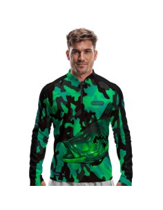 Camisa de Pesca Tucunaré Pantanal Green Dryfit com proteção UV50+ e punho luva