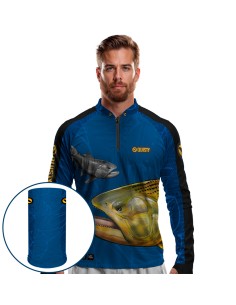 Combo de Pesca Dourado Do Rio Azul Dryfit com camisa punholuva Dry UV50+ e Máscara