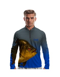 Camisa de Pesca Tambaqui Gigante da Amazônia Titanium Dryfit com proteção UV50+ e punho luva