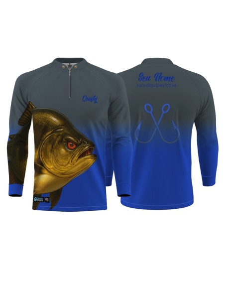 Camisa de Pesca Tambaqui Gigante da Amazônia Titanium frente e costas Dryfit com proteção UV50+ e punho luva