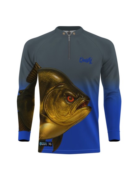 Camisa de Pesca Tambaqui Gigante da Amazônia Titanium vista frontal Dryfit com proteção UV50+ e punho luva