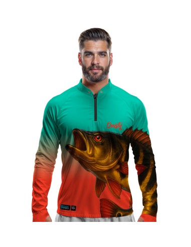 Camisa de Pesca Tucunaré Açu O Soberano das Águas Tropicana Dryfit com proteção UV50+ e punho luva