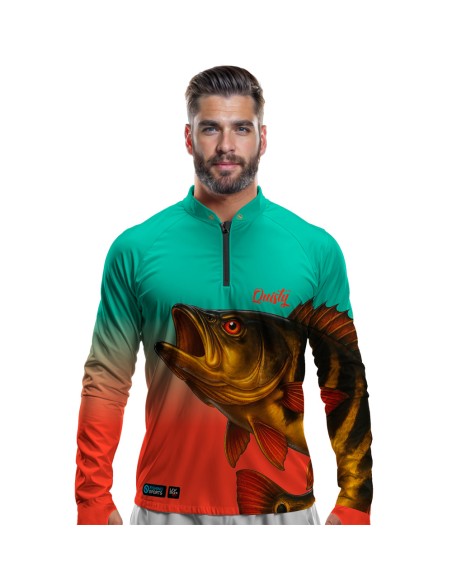 Camisa de Pesca Tucunaré Açu O Soberano das Águas Tropicana Dryfit com proteção UV50+ e punho luva