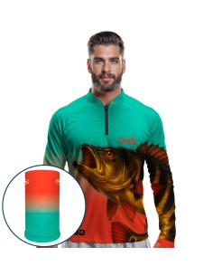 Combo de Pesca Tucunaré Açu O Soberano das Águas Tropicana Dryfit com camisa punholuva Dry UV50+ e Máscara