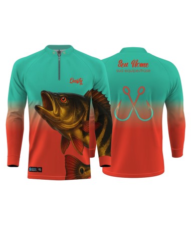 Combo de Pesca Tucunaré Açu O Soberano das Águas Tropicana frente e costas Dryfit com camisa punholuva Dry UV50+ e Máscara