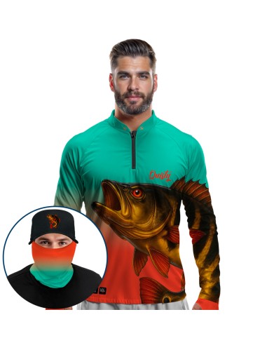 Supercombo de Pesca Tucunaré Açu O Soberano das Águas Tropicana Dryfit com camisa punholuva Dry UV50+, Máscara e Boné