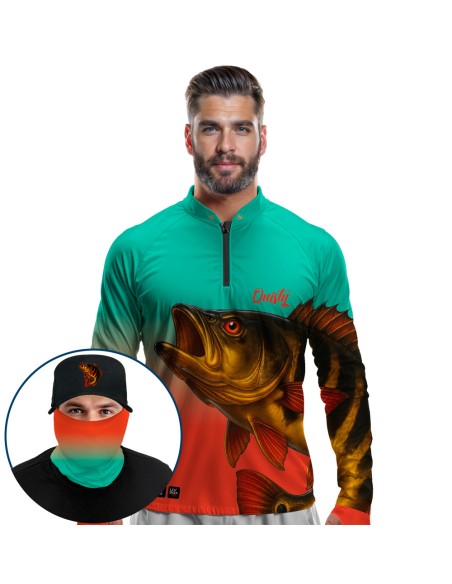 Supercombo de Pesca Tucunaré Açu O Soberano das Águas Tropicana Dryfit com camisa punholuva Dry UV50+, Máscara e Boné