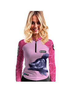 Camisa de Pesca Tucunaré Azul Feminina Dryfit com proteção UV50+ e punho luva