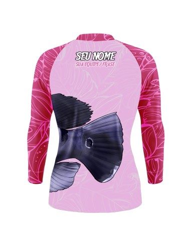 Camisa de Pesca Tucunaré Azul Feminina vista traseira Dryfit com proteção UV50+ e punho luva