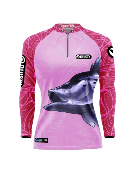 Combo de Pesca Tucunaré Azul Feminina vista frontal Dryfit com camisa punholuva Dry UV50+ e Máscara