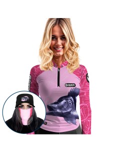 Supercombo de Pesca Tucunaré Azul Feminina Dryfit com camisa punholuva Dry UV50+, Máscara e Boné
