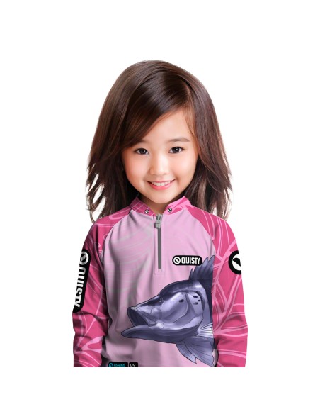 Modelo infantil vestindo Supercombo de Pesca Tucunaré Azul Feminina Dryfit com camisa punholuva Dry UV50+, Máscara e Boné