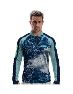 Camisa de pesca Pro Elite Tucunaré azul Sky Quisty Fishing com proteção UV50+ e punho luva