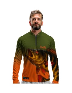 Camisa de pesca Pro Elite Tucunaré Açu Selvagem Quisty Fishing com proteção UV50+ e punho luva
