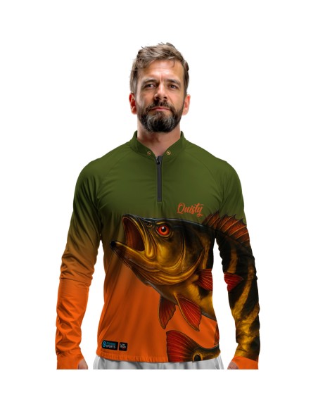 Camisa de pesca Pro Elite Tucunaré Açu Selvagem Quisty Fishing com proteção UV50+ e punho luva