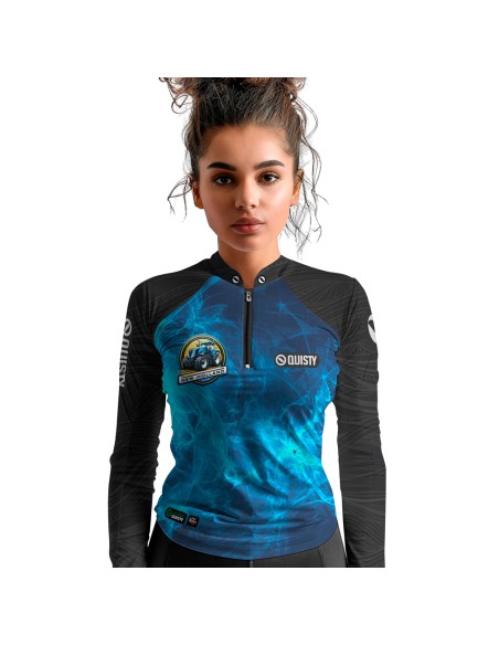Modelo feminina vestindo Combo de Pesca Pro Elite Força Do Campo com Camisa Punho luva Dry UV50+ e Máscara