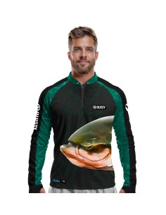 Camisa de Pesca Tambaqui Azul vista frontal Dryfit com proteção UV50+ e punho luva