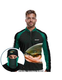 Supercombo de Pesca Tambaqui Azul Dryfit com camisa punholuva Dry UV50+, Máscara e Boné