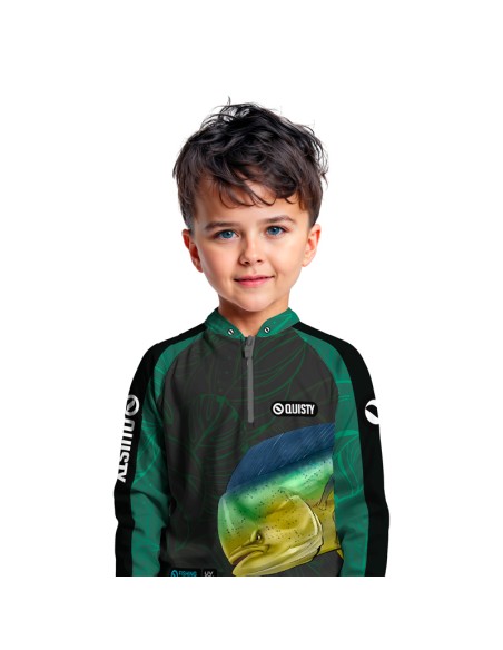 Modelo infantil vestindo camisa de pesca Pro Elite Dourado do Mar Azul Quisty Fishing