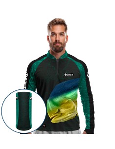 Combo de Pesca Dourado do Mar Azul Dryfit com camisa punholuva Dry UV50+ e Máscara