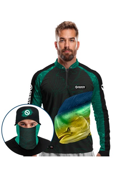 Supercombo de Pesca Dourado do Mar Azul Dryfit com camisa punholuva Dry UV50+, Máscara e Boné