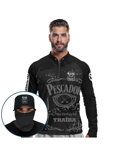 Supercombo de Pesca Pescador Lifestyle Dryfit com camisa punholuva Dry UV50+, Máscara e Boné
