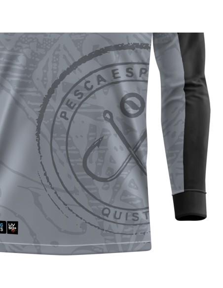 Detalhe da estampa sublimada do Supercombo de Pesca Pro Elite Anzol com Camisa Punho luva Dry UV50+ e Máscara