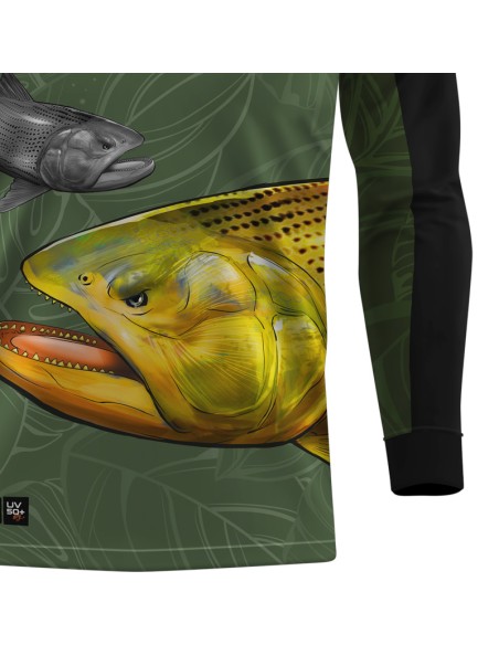 Detalhe da estampa sublimada da camisa de pesca Pro Elite Dourado do Rio Verde Musgo Quisty Fishing